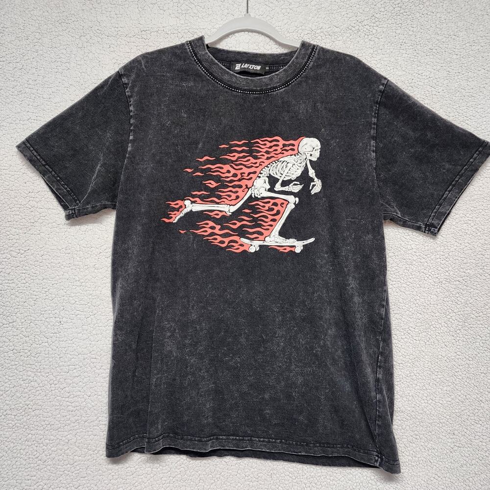 Laixton Skeleton Skateboard Flames Graphic T-shirt Adult S Washed Black Street